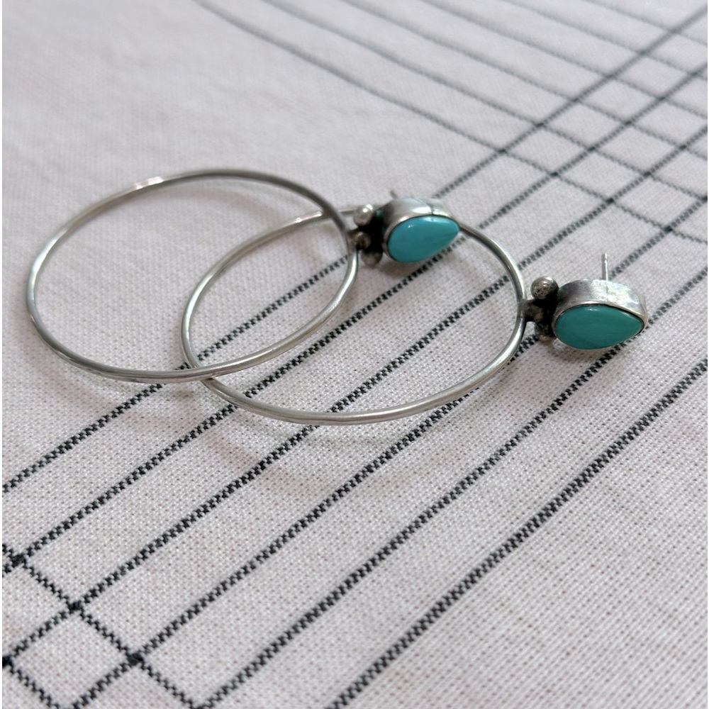 Turquoise real silver hoops